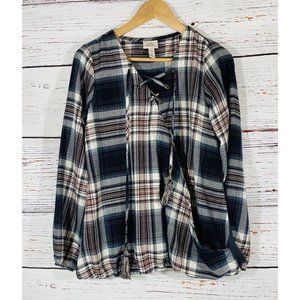 Knox Rose Flannel Top Front Wrap Plaid Shirt Boho Blouse Tassels Womens Small